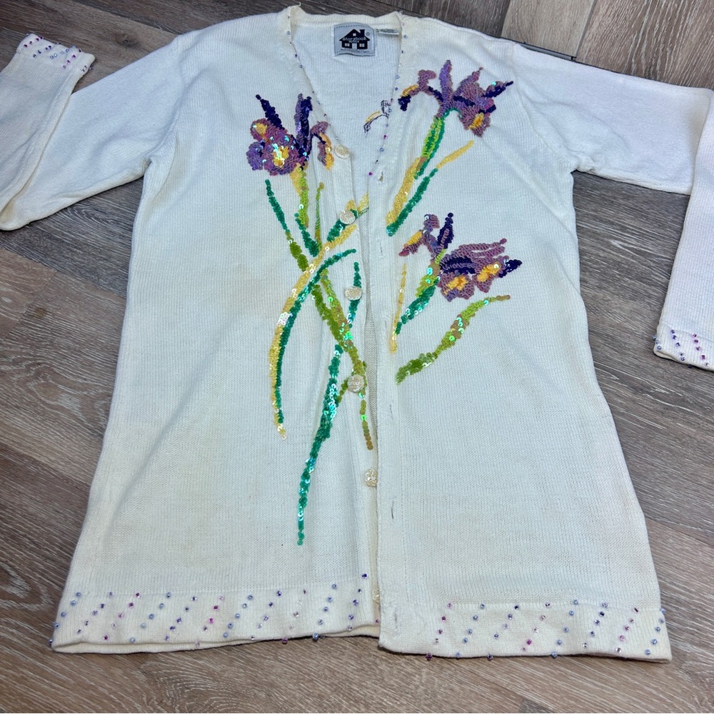 Vintage Storybook Knits Floral Beaded Cardigan | HSN Exclusive | Ramie Cotton| S